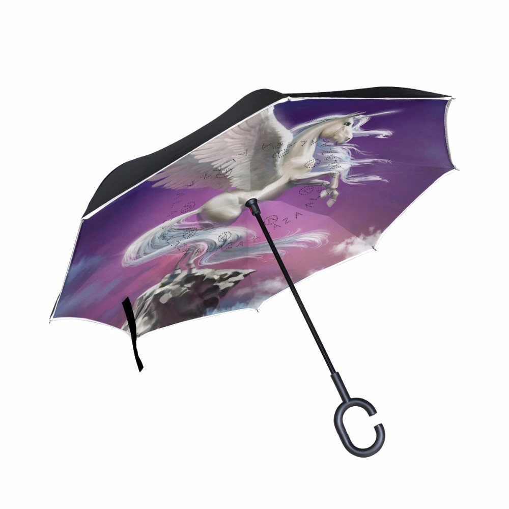 C-hook soporte autónomo paraguas plegable de unicornio reversible doble capa invertida a prueba de viento paraguas de lluvia de coche para las mujeres