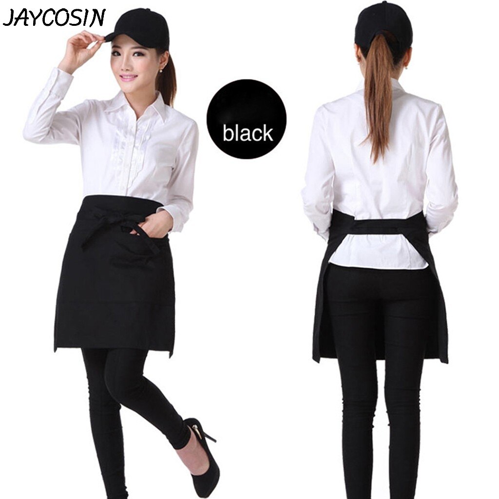 Adult Waterproof 2 Pockets Waterdrop Resistant Waiters Waitress Waist Apron Chef Apron Black Waist Half Short Apron in Kitchen