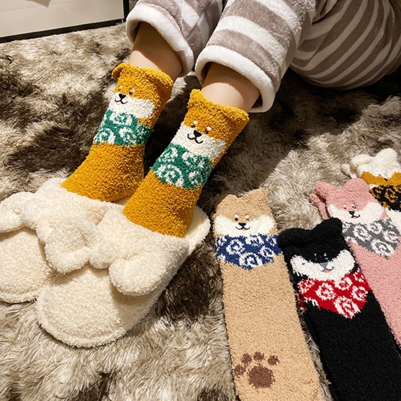 Femmes hiver microfibre floue pantoufle maison chaussettes mignon 3D oreilles chiot chien motif Kawaii épais confortable dormir bonneterie