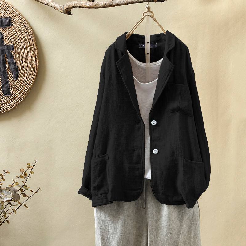 ZANZEA Frauen Plus Größe Blazer Neue Herbst Mantel Jacken Jahrgang Solide verlieren Taschen Anzug Blazer: Schwarz / XXXL