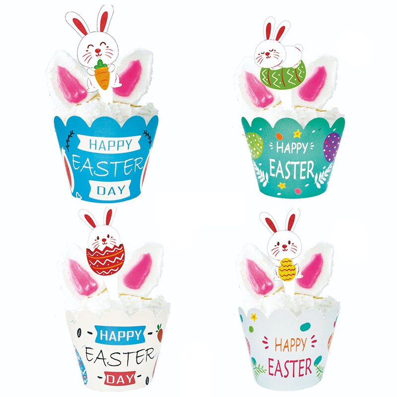 24pcs Happy Easter Cupcake Wrapper with Rabbit Cake Toppers Easter Party Bunny Egg Cake Baking Decoration Kids Birthday Party