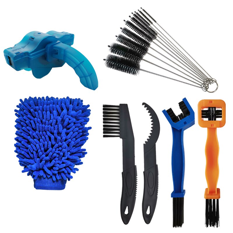 Kit de limpieza de cadena de bicicleta de carretera, limpiador de engranajes, cepillo de limpieza, mantenimiento de ciclismo, guante, herramienta: kit-10