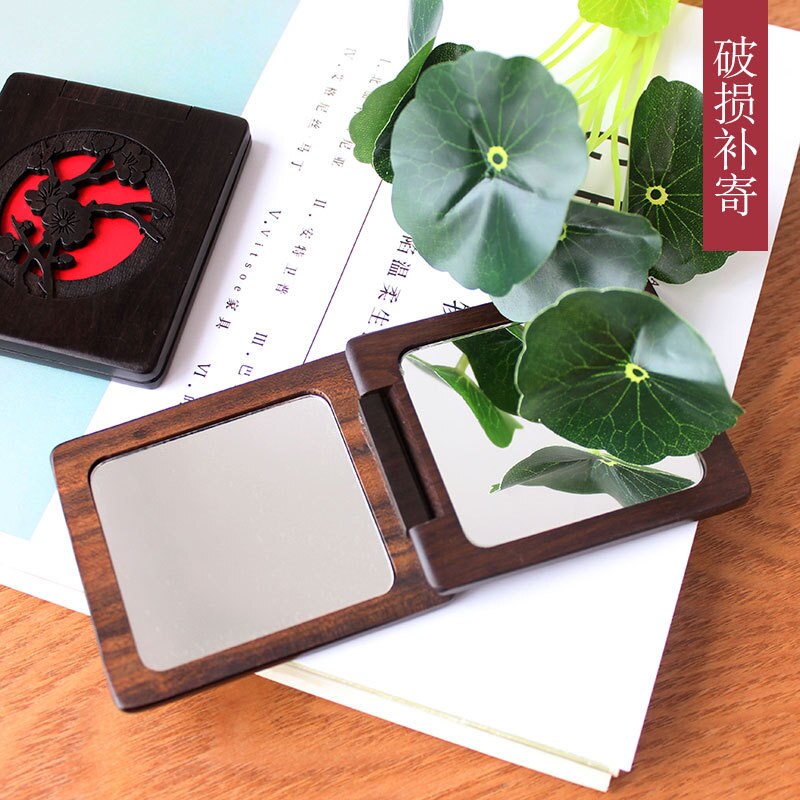 Carved Green Sandalwood Makeup Mirrors Folded Double-sided Wood Comestic Mirror Sandalwood Portable Small Pocket Mirror