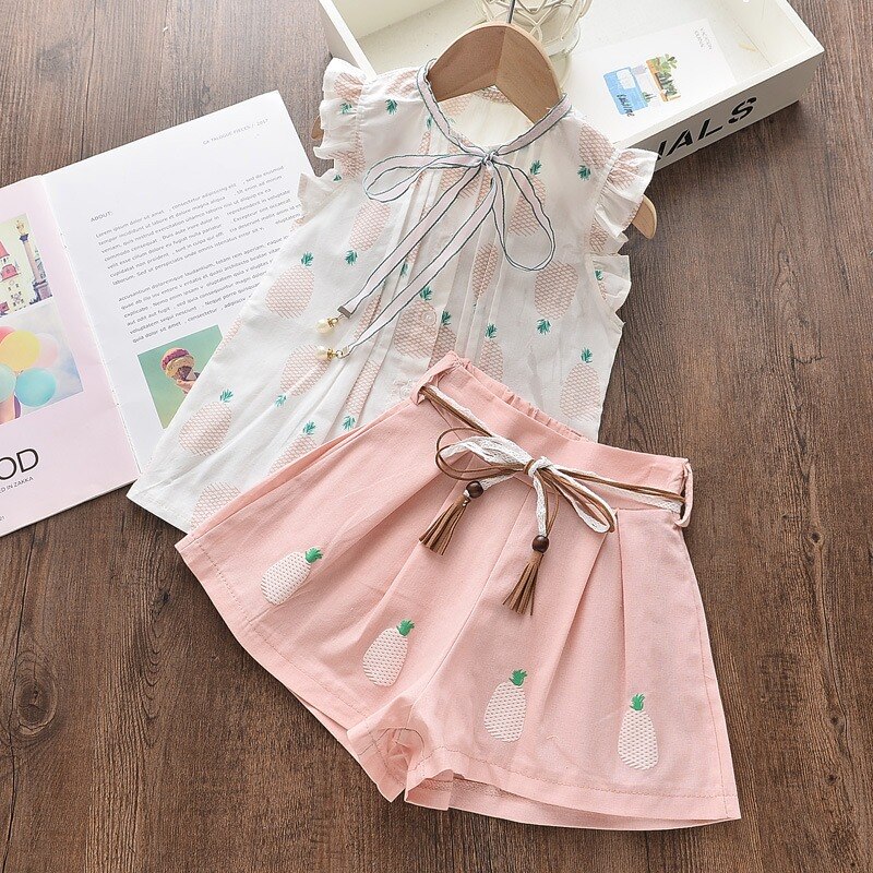 Summer Girl Clothes Baby Girl Set Pineapple Baby Shirts Shorts Set Kids Clothing Set Girl Clothes: Pink / 18M