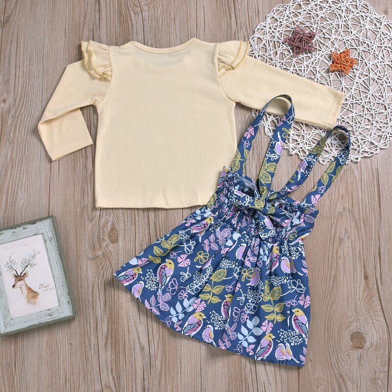 Baby flicka kläder set långärmade t-shirt toppar blommiga klänningar tecknade djur kjol kläder toppar sling kjol set