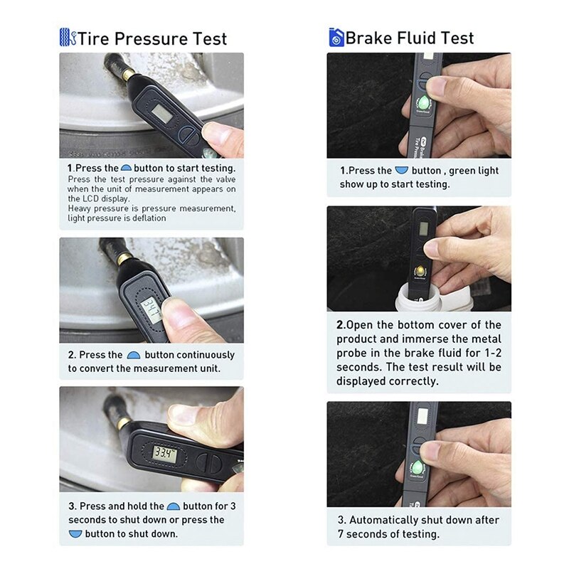 2 in 1 Portable Digital Brake Fluid Tire Pressure Tester, Auto Brakes Calibrated Tester with 3 Led Indicator