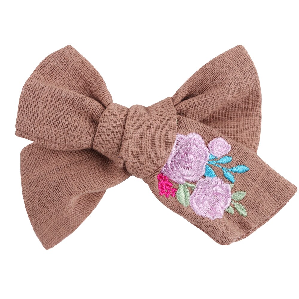 Flower Embroidery Bows Hair Clips For Kids Girls Boutique Handmade Hairpins Barrettes Headwear Hair Accessories: small brown