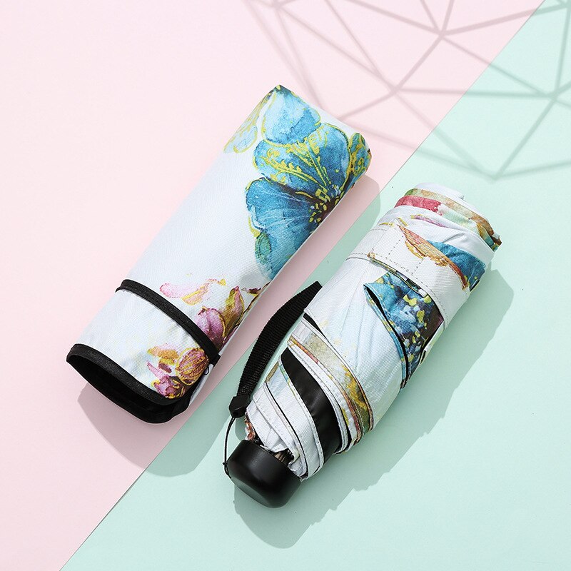 Sombrilla plegable ultraligera con Floral para mujer, paraguas plegable con cinco pliegues, protección solar, UV: Creamy-white