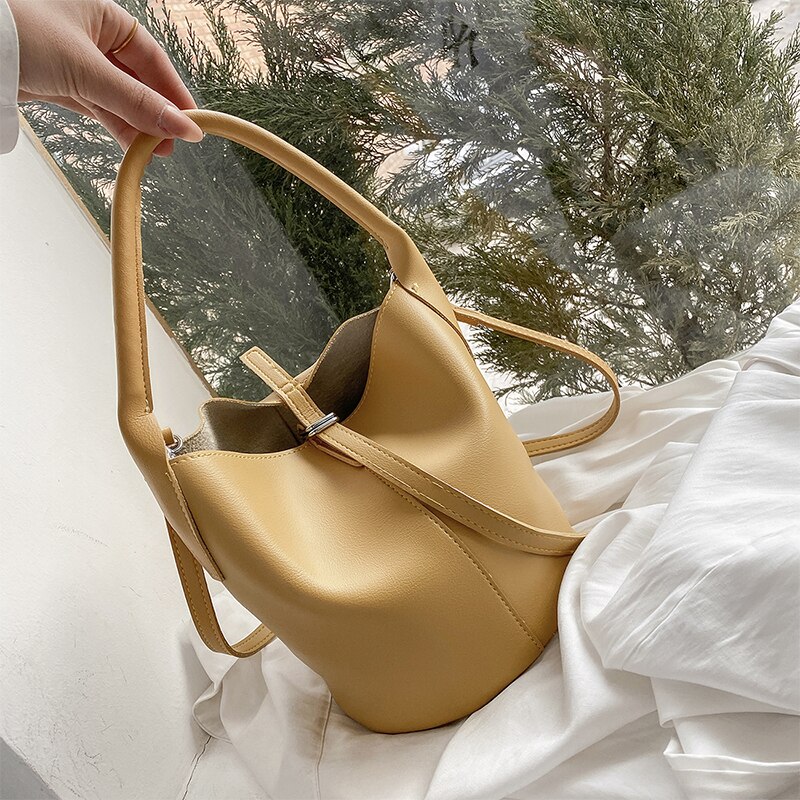 Solid color Leather Crossbody Bucket For Women Travel Handbag Simple Shoulder Messenger Ladies Cross Body Bag: yellow