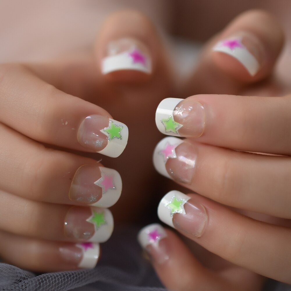Skimmer stjärna franska naglar silver leende linje färgglada stjärnor nail art tips flicka lösnaglar liten storlek student