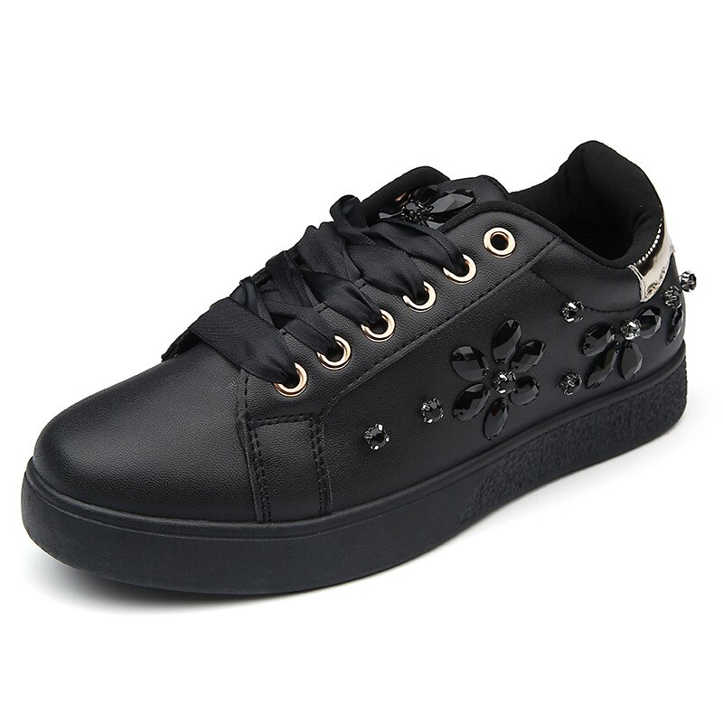 Fujin – Espadrilles en cuir souple avec perles et strass pour femmes, chaussures plates, mocassins, baskets de fête,: rhinestones black / 6