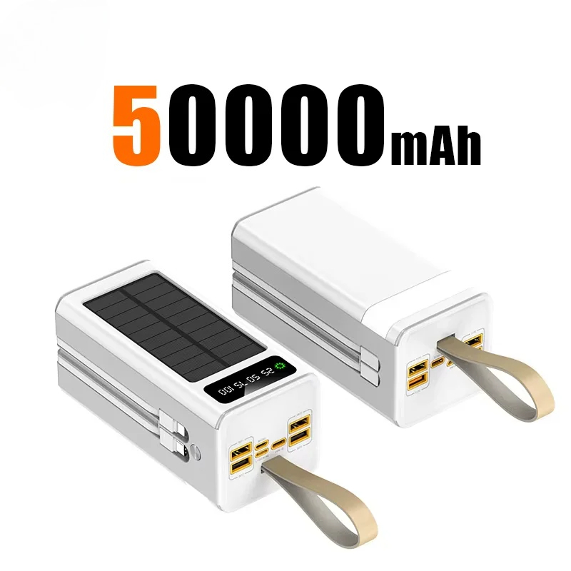50000 mah solcelle-powerbank med stor kapacitet, indbyggede kabler, eksternt batteri, led-lys, bærbar oplader til iphone: Sort