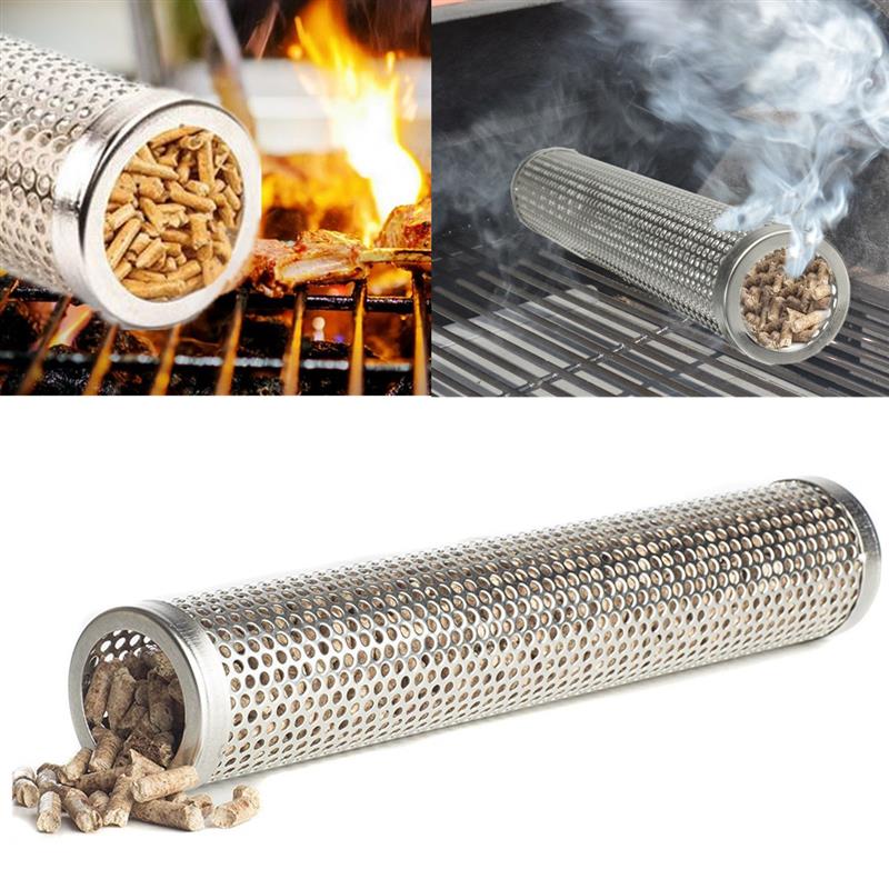 Rund bbq grill koldrøgning mesh rør røggenerator rustfrit stål ryger træpiller køkken udendørs grill forsyninger