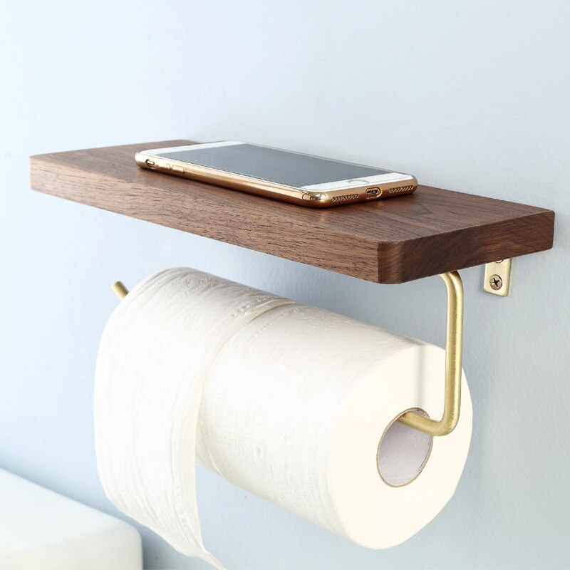 Luonnonpuinen seinälle asennettava wc -paperipidike pehmopaperiteline wc -rulla -annostelija puhelimen säilytyshyllyllä