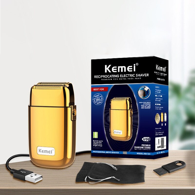 Kemei-Afeitadora eléctrica inalámbrica de doble hoja para hombre, afeitadora recargable por USB, resistente al agua, para barbero