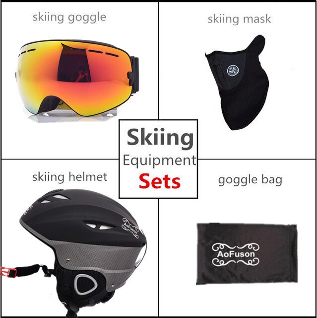 Skihelm bril dubbele lagen anti-condens groot zicht snowboard bril dames heren winter warme sporthelm ski-uitrusting set: Zwart montuur rode lens