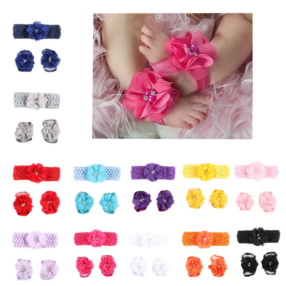 3 Pieces A Set Cute Baby Girls Toddler Flower Hairband Headband Flower Barefoot Sandal / Shoes Set Children Accessories