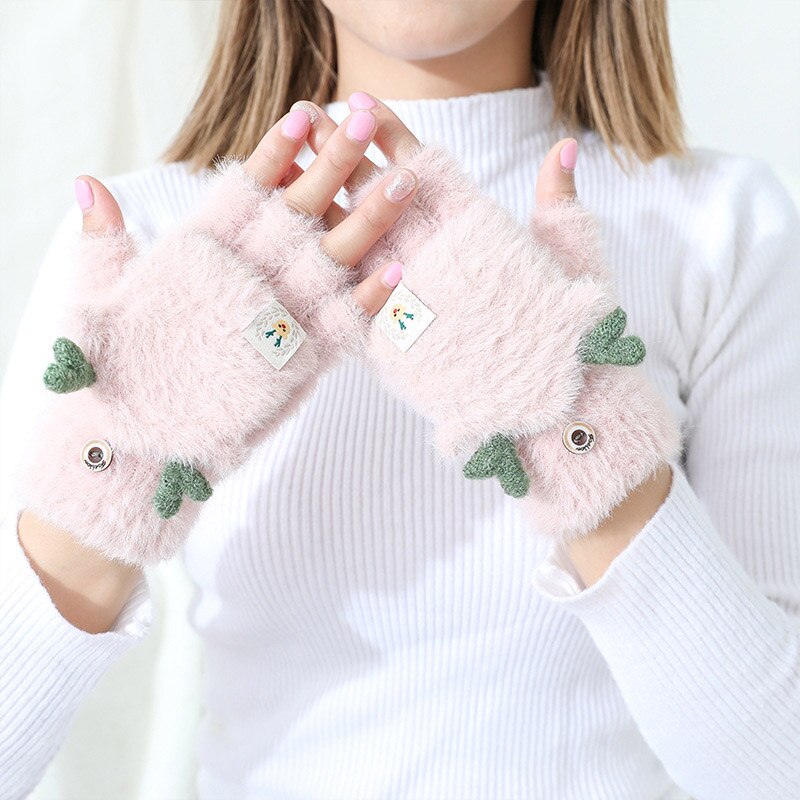 Winter Warme Zachte Konijnenbont Knit Mittens Vrouwen Flip Half Vinger Pluche Dikke Leuke Cartoon Kat Klauw Touchscreen Rijden handschoenen I1: B Pink