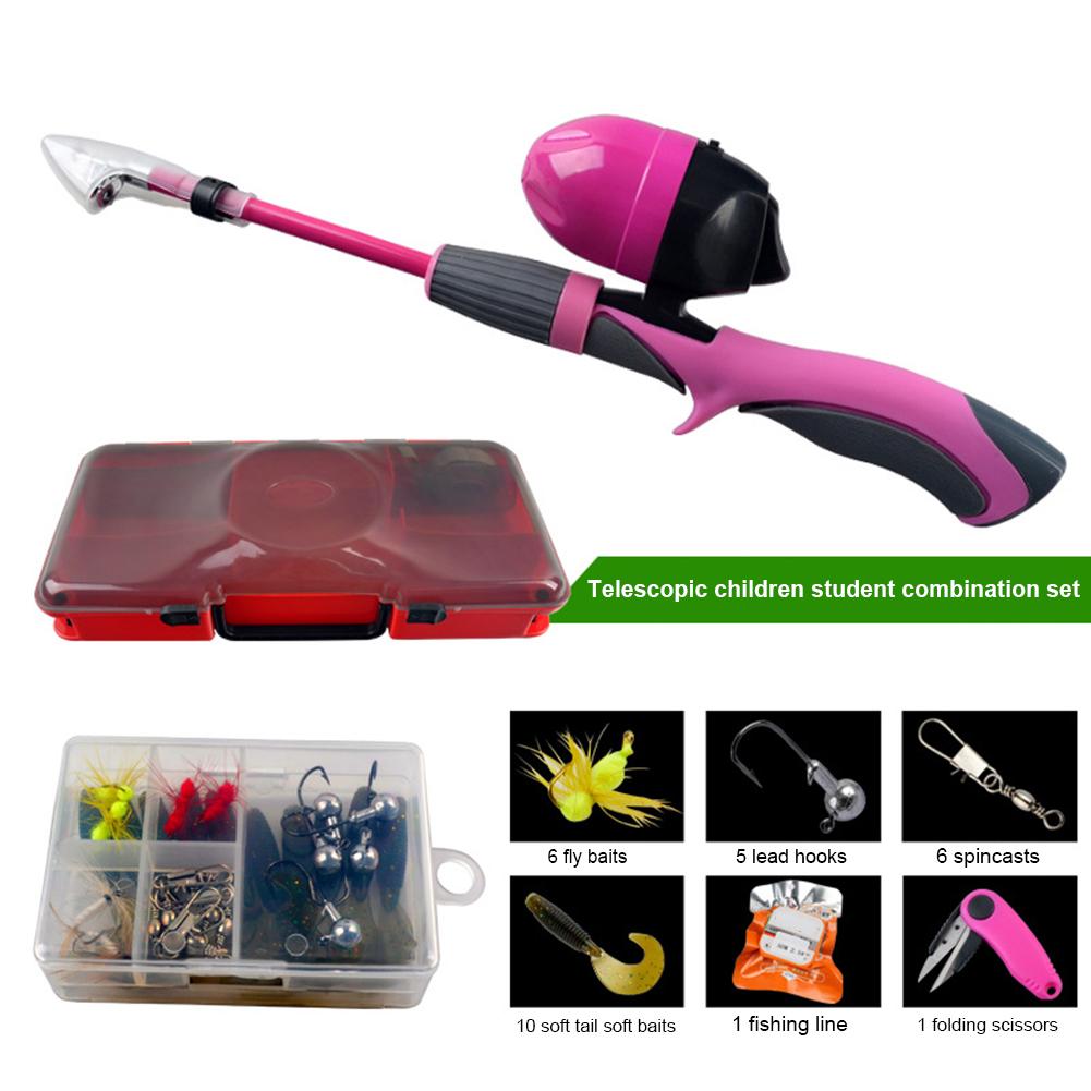 Kids Fishing Pole Portable Telescopic Fishing Rod Set With Spincast Fishing Reel Tackle Box For Boys Girls: Pink