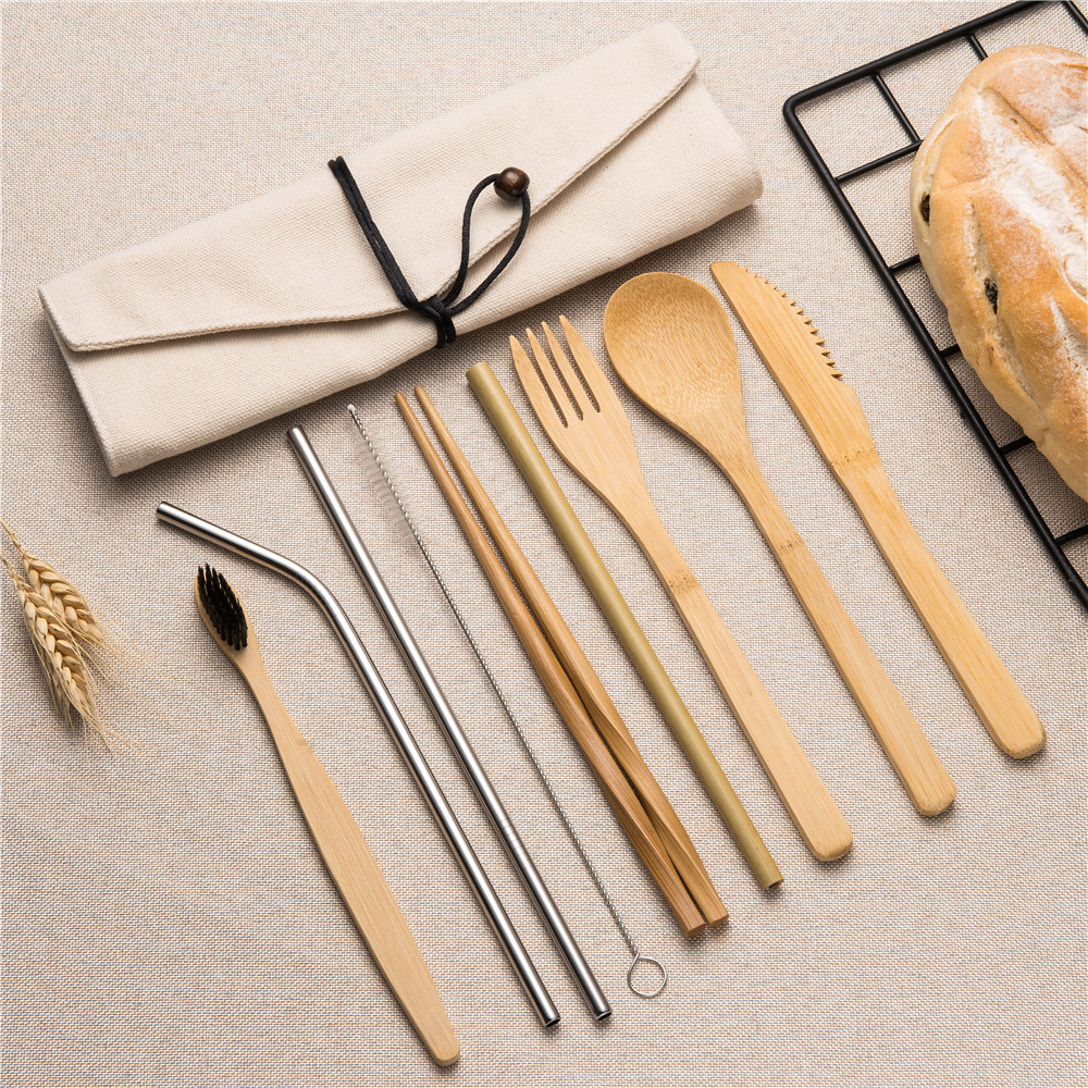 10 stuks Herbruikbare Bamboe Bestek Set Draagbare Servies Houten Bestek Vork Lepel Mes Set met Bestek Tas voor Travel Dinning set