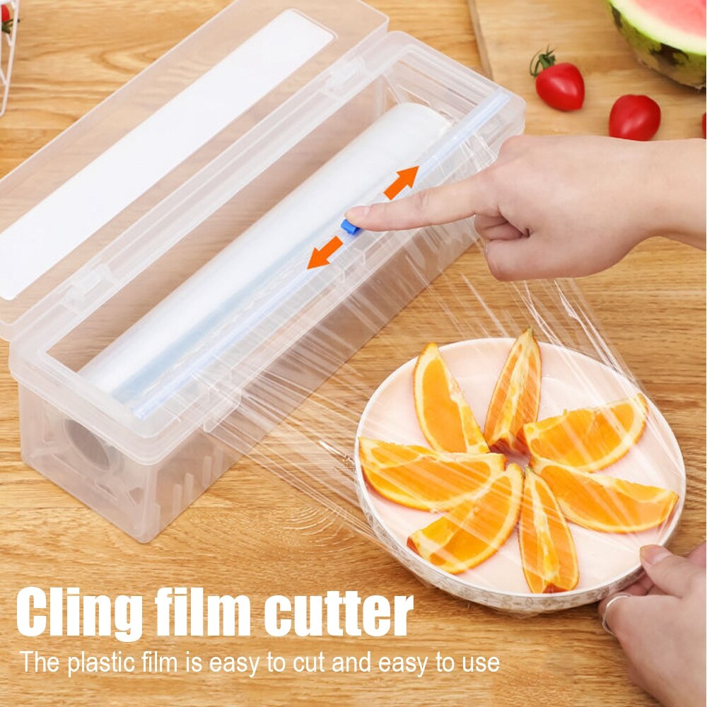 Plastic Food Wrap Dispenser With Slide Cutter Adjustable Cling Film Cutter Preservation Foil Storage Box With Suction Bottom