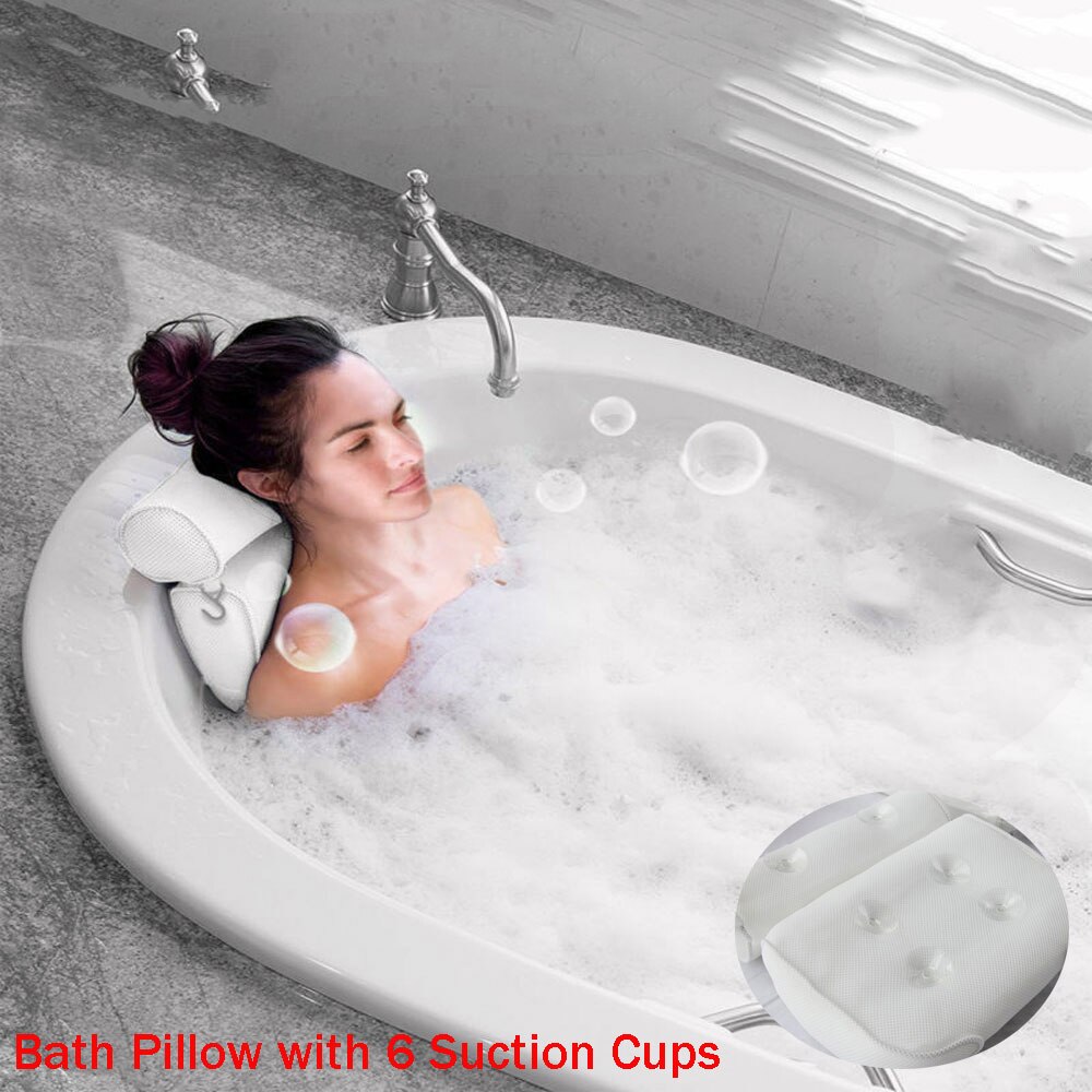 Breathable 3D Mesh Spa Bath Pillow with 6 Suction Cups Neck and Back Support Spa Pillow for Home Tub (White)