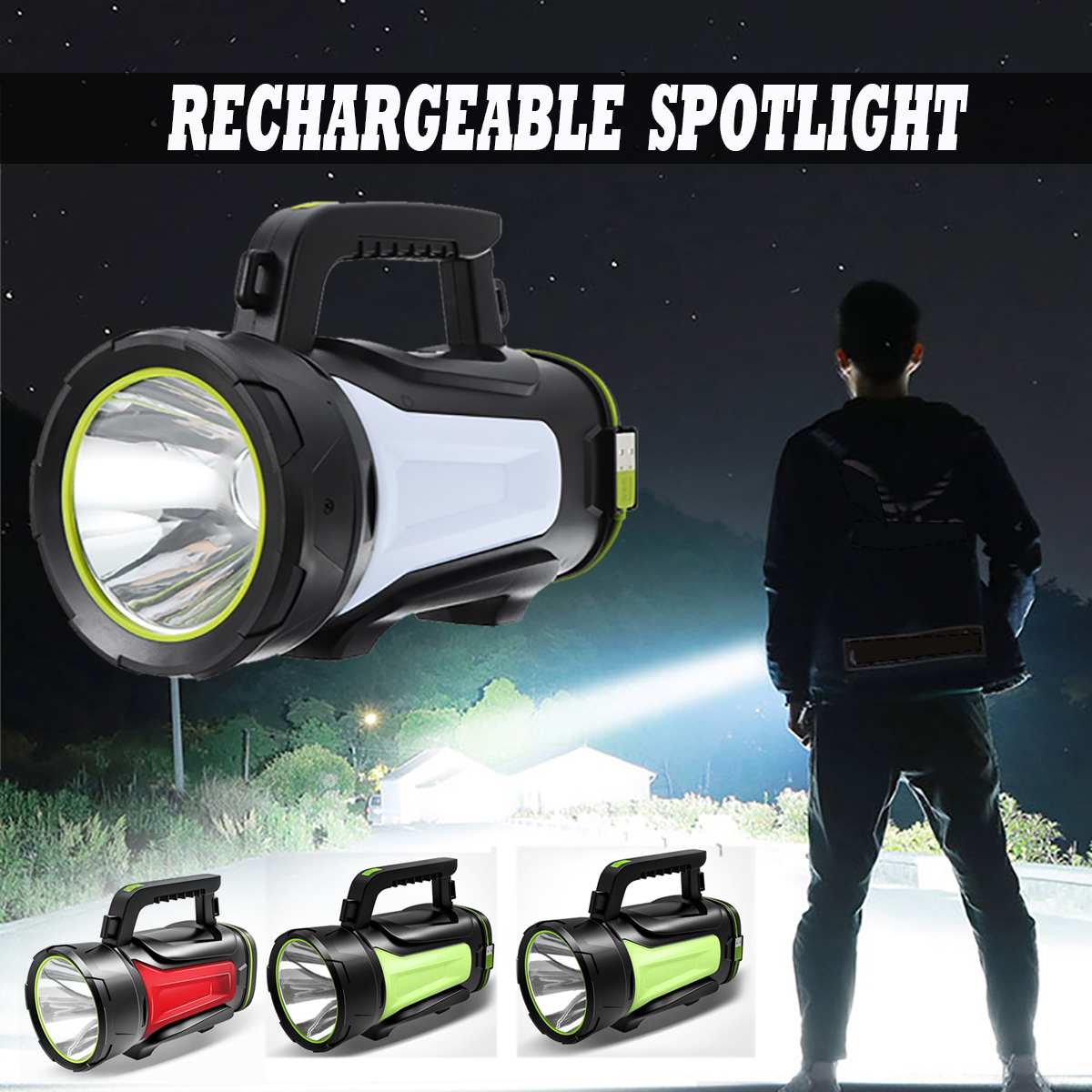 Foco portátil de mano de 200/300/500W, reflector LED recargable con USB incorporado, linterna, foco impermeable
