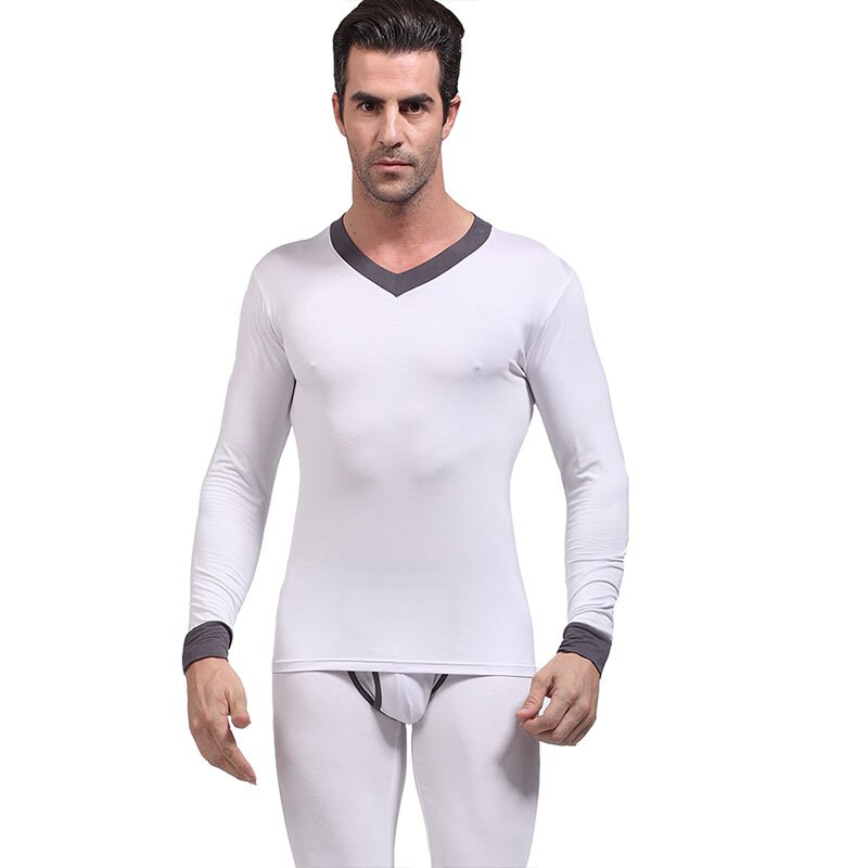 AOELEMENT Men's V-neck Underwear Set Modal Slim-fit Autumn Clothes Long Johns Mens Thermal Base Suit To Keep Warm Leggings: White / L