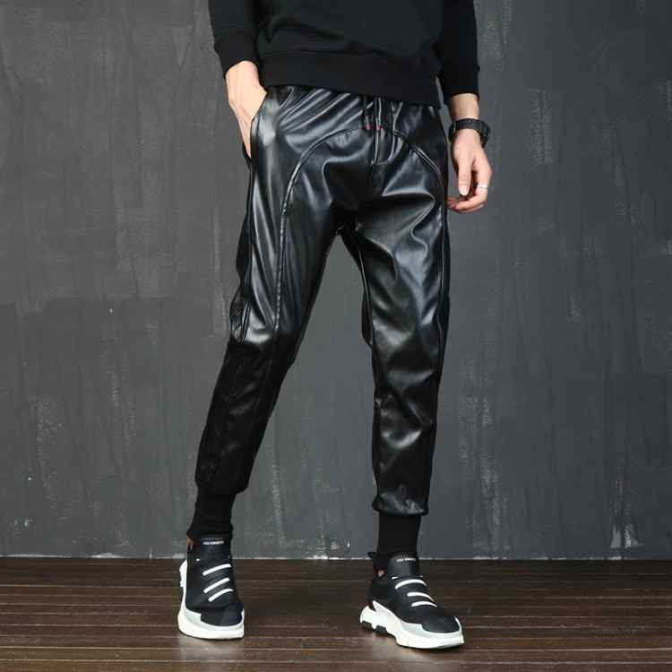 Pantalones de chándal de imitación de cuero para hombre Hip Hop punk pu motocicleta Harem pantalones de chándal para hombre traje para actuación de discoteca pantalones de retales 110101