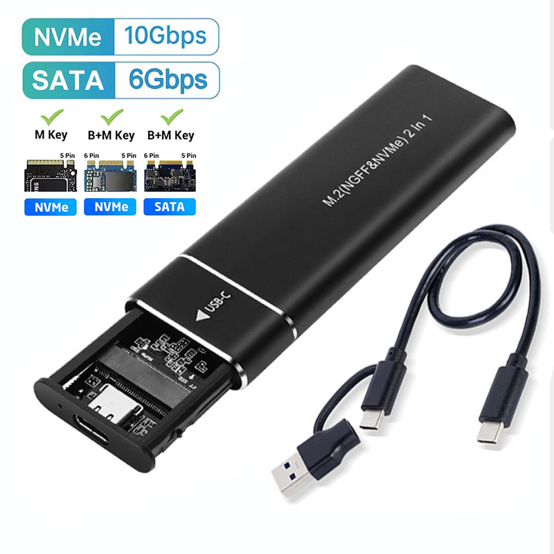 Dual Protocol M2 SSD Case M.2 NVMe SATA SSD Enclosure Adapter 10Gbps USB 3.1 Type C External Enclosure Supports M And B&M Keys: Silver