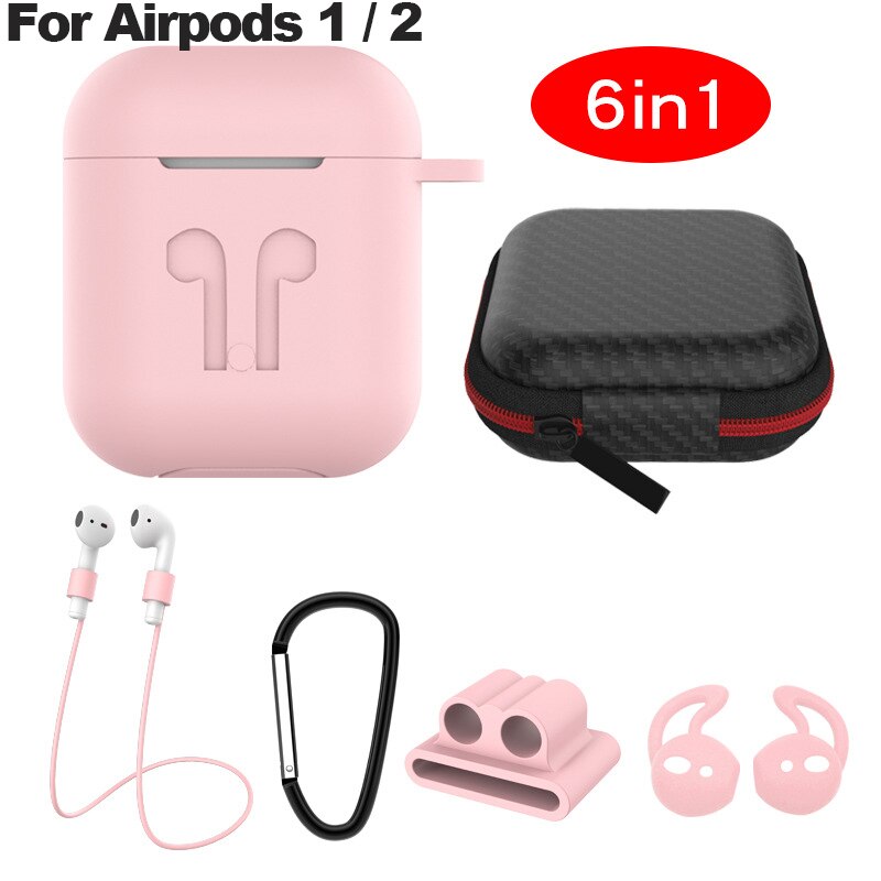 6 In-1 Case Lanyard Karabijnhaak Beschermhoes Voor Airpods 2 3 Hoofdtelefoon Siliconen Cover Voor Air Pods 2 3 Pro Case Accessoires Doos: pink for airpod 1 2