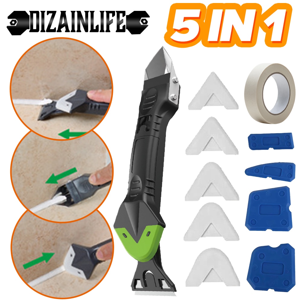 Kit de herramientas para calafateo de silicona 5 en 1 para eliminar calafateo, boquilla de sellado, espátula multifunción