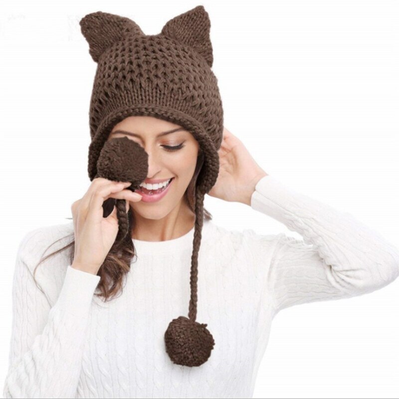 Orecchie di gatto tutto'uncinetto cappello lavorato a maglia paraorecchie cappello a cuffia tutto'uncinetto maglia di lana autunno inverno: in profondità caffè