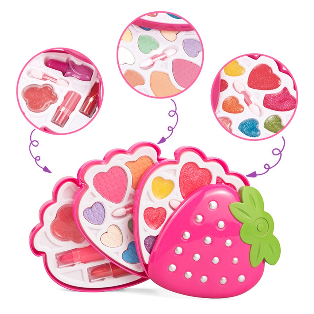 Kit de maquillage en forme de fraise pour fille avec ensemble de cosmétiques ombre à paupières rouge à lèvres, ensemble de beauté de Palette lavable