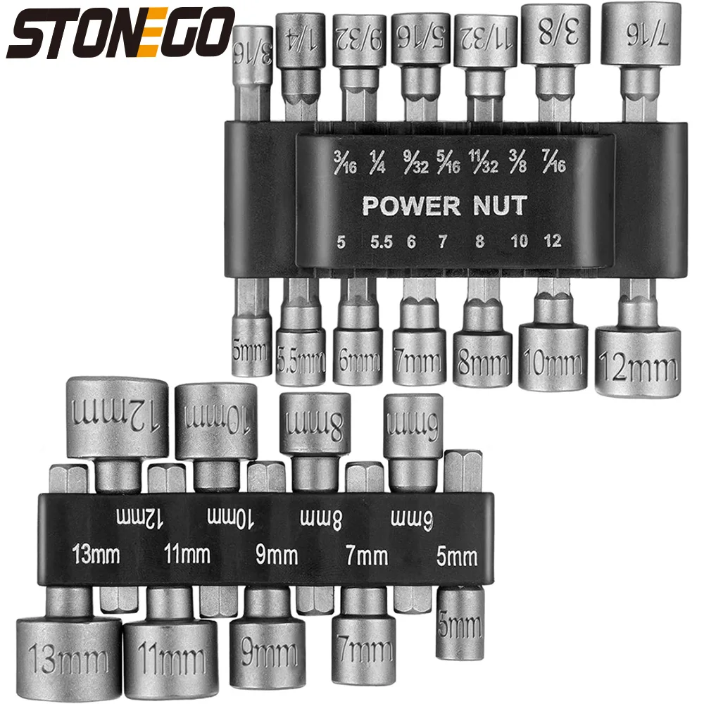 STONEGO 9PCS/14PCS Hexagonal Socket Nozzle Nut Screwdriver Set Metric Socket Wrench Power Nuts Driver Drill Bit Kit 1/4'' Driver
