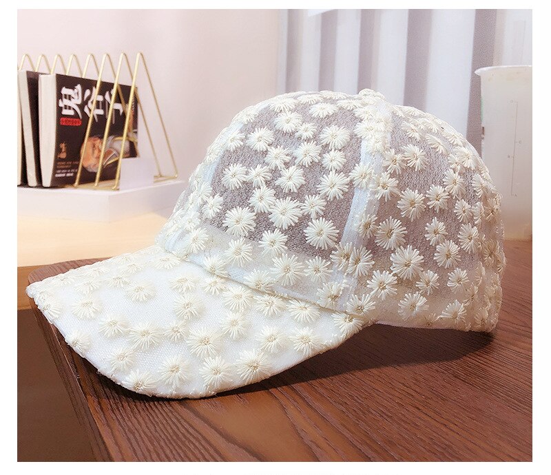 Uspop Baseball Caps Zomer Ademende Cap Geborduurde Bloemen Cap Ins Chrysant Kant Ademend Baseball Cap: Beige