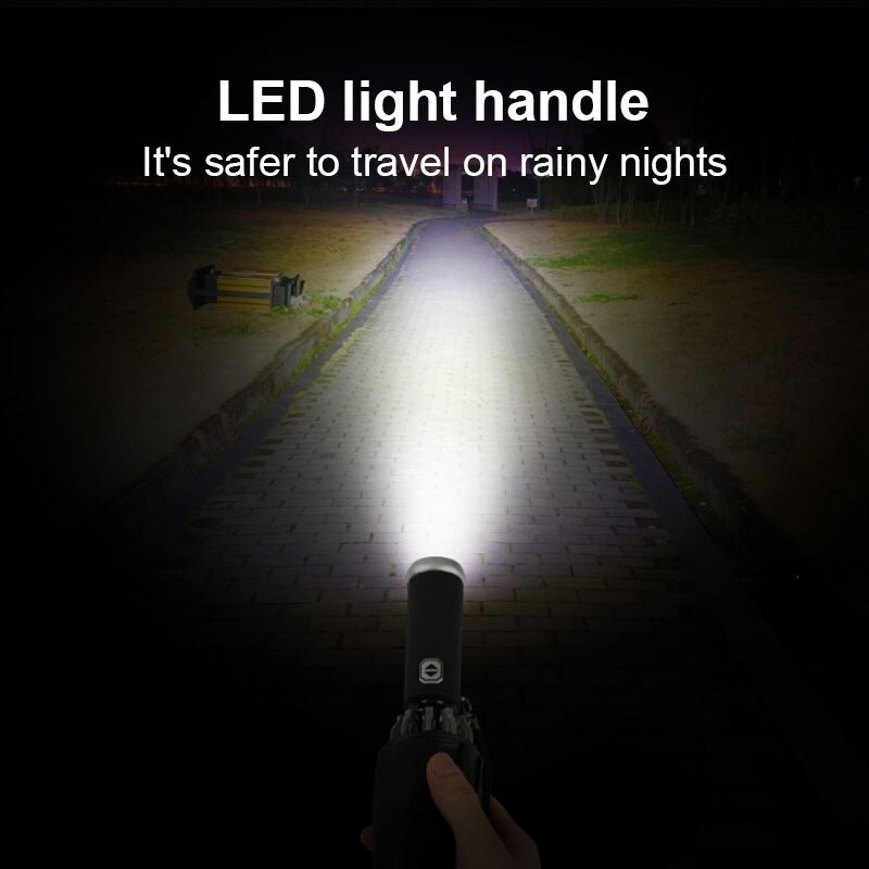 Paraguas con luz LED para el hogar, sombrilla totalmente automática plegable, portátil, a prueba de lluvia, a prueba de viento, ensanchada, resistente y duradera, con ángulo ajustable