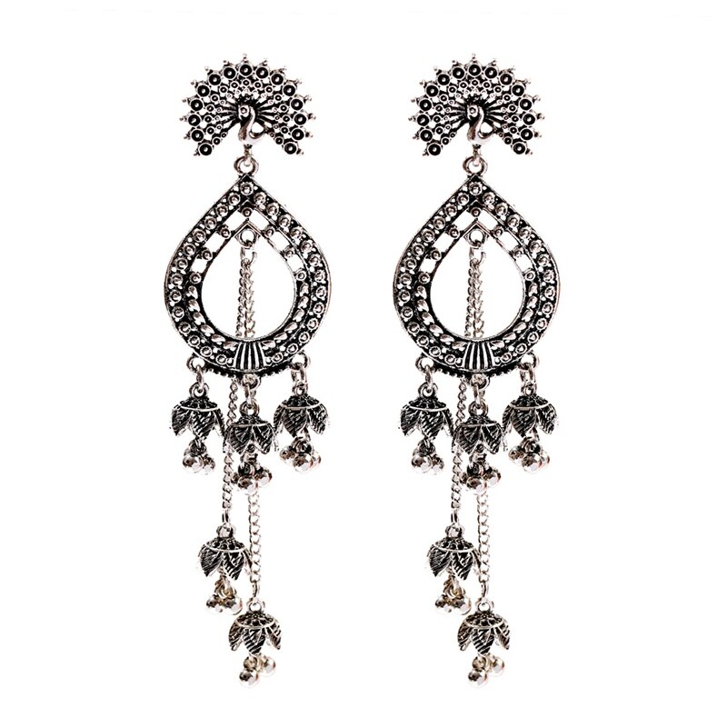 Vintage Indian Bollywood Kundan Peacock Carved Jhumka Jhumki Water Earrings Women Boho Ethnic Long Tassel Earring Jewelry: Sliver