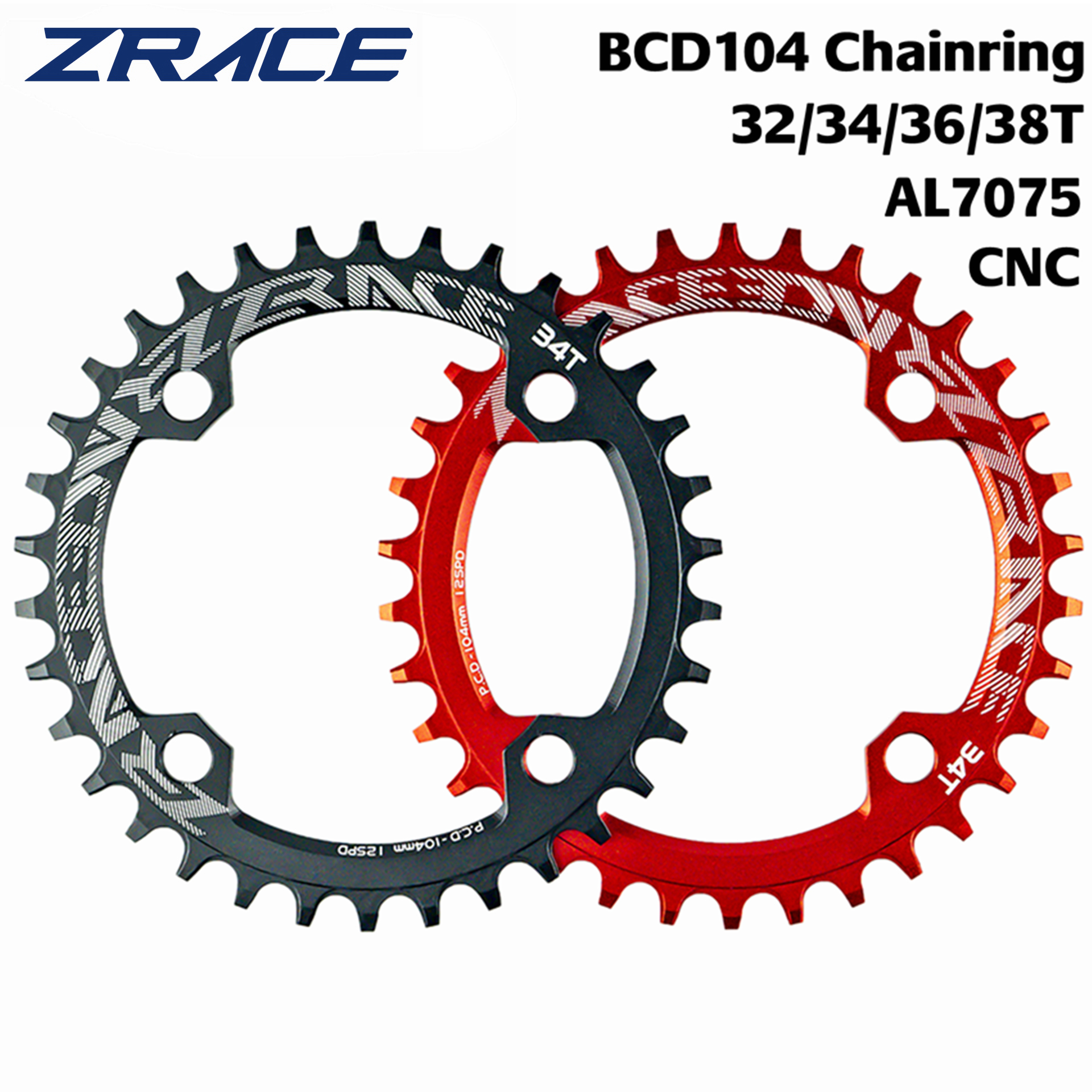 ZRACE Kettingbladen Kettingwielen 32T/34T/36T/38T BCD104, smalle breedte tand AL7075 CNC voor MTB