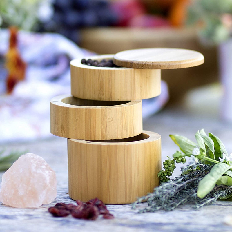 Bamboo Triple Salt Box,Wood Box,3-Tier Round Bamboo Box for Salt or Spice with Magnetic Swivel Lid Spice Storage Box