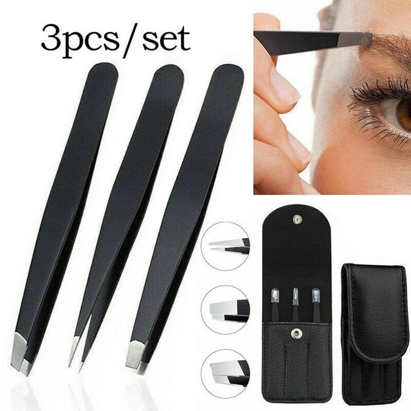 Set van 3 wenkbrauwpincetten, roestvrij staal, puntig, schuin haar, make-upclips, gereedschap, etui, puntig, plat, verwijdering met punt, wenkbrauw, oog