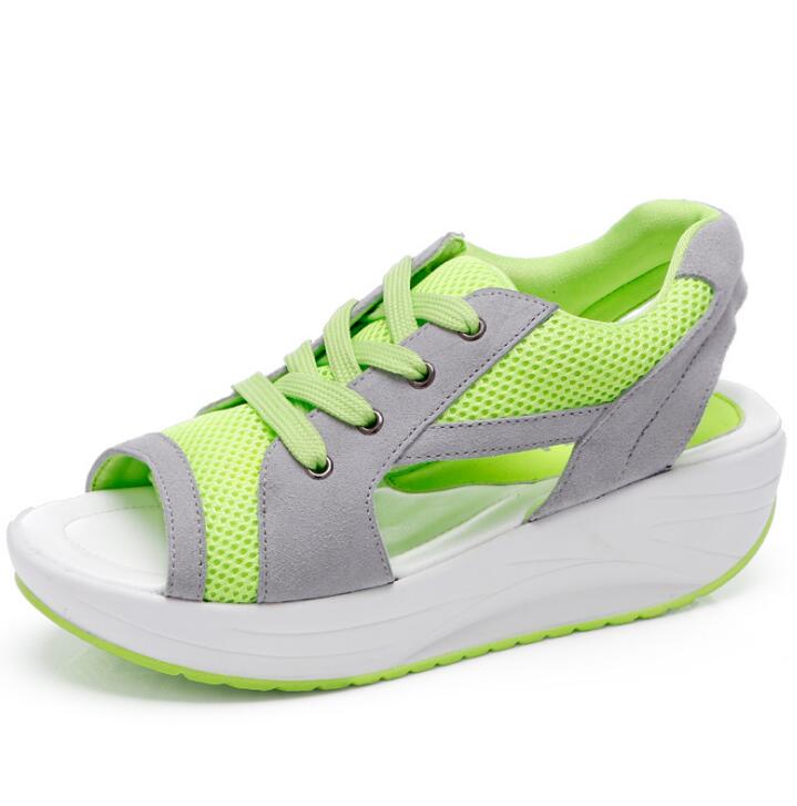 XDA women sandales sandalias Summer fish head sandals Women's shoes slope with platform muffin sandals: Green / 8