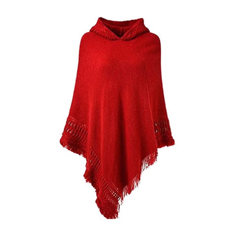 Femmes hiver tricot à capuche Poncho Cape Crochet frangé gland châle Wrap pull M89E: Rouge