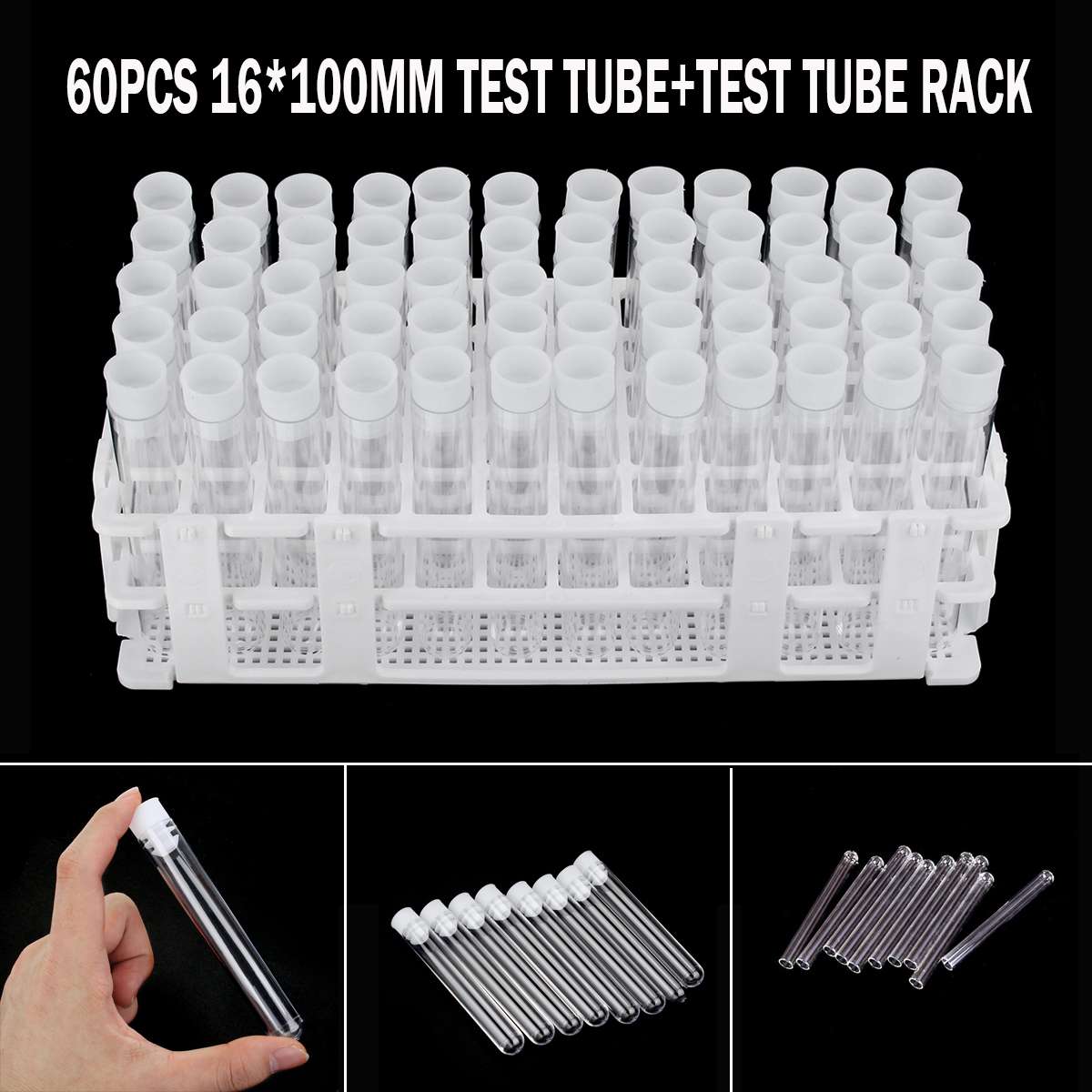 60Pcs/Pack Transparent Laboratory Plastic Test Tubes Vials With Caps Test Tube Rack Stand Clear Like Glass School Lab Supplies