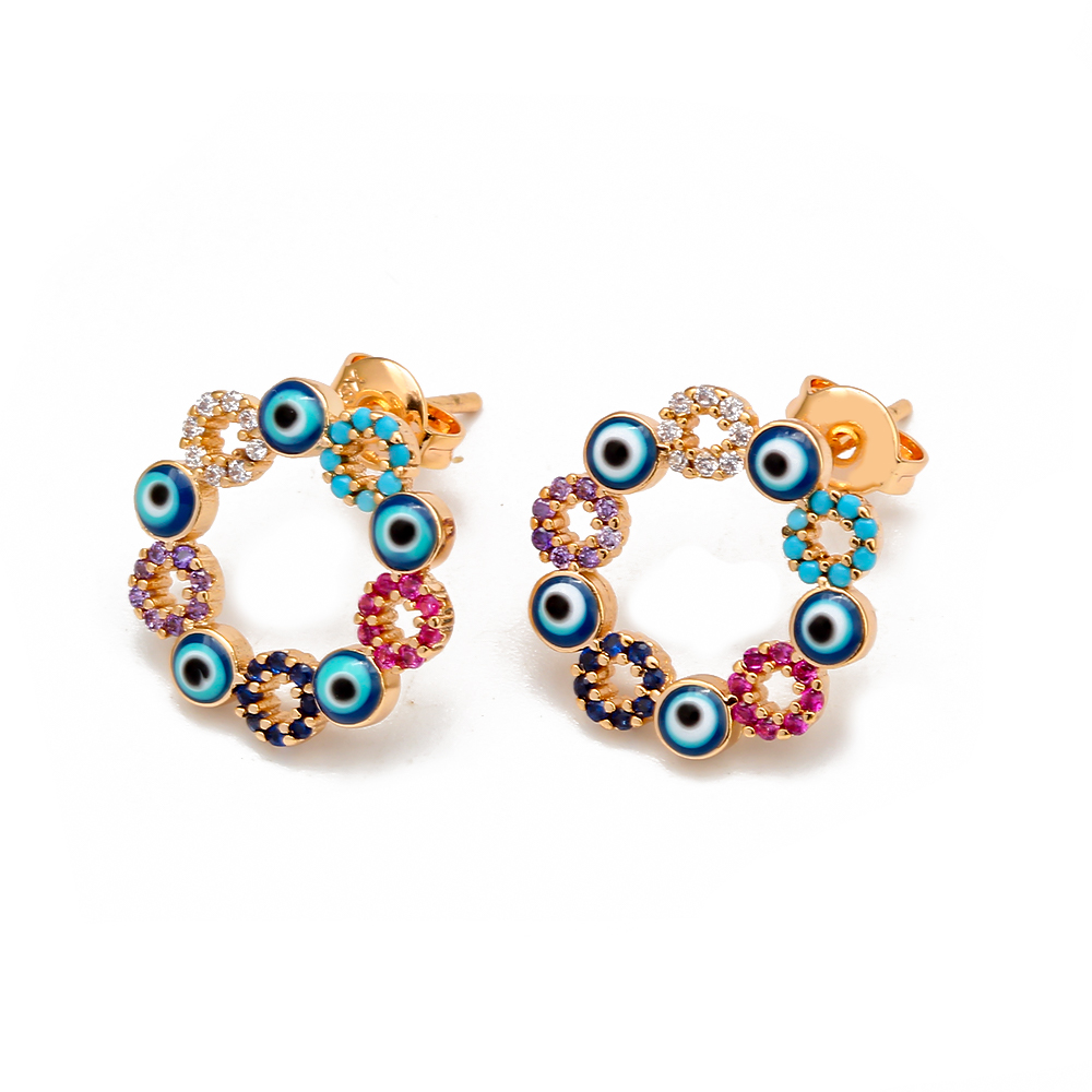 Oeil chanceux Micro pavé rond Zircon boucles d'oreilles cuivre turc mauvais œil Piercing boucles d'oreilles pour femmes filles hommes bijoux BE1058: Or foncé