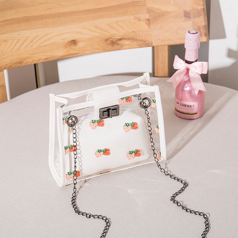 2 stuks/set transparante pvc schoudertassen dames schattige aardbeienprint clutch tas reis crossbody tas samengestelde set