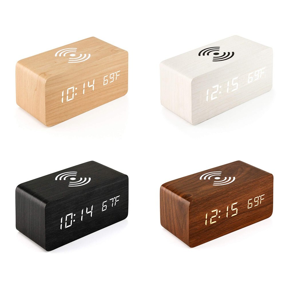 Wooden LED Digital Clock With Sound Control Time Date Temperature Displaying For Bedroom Office And Family