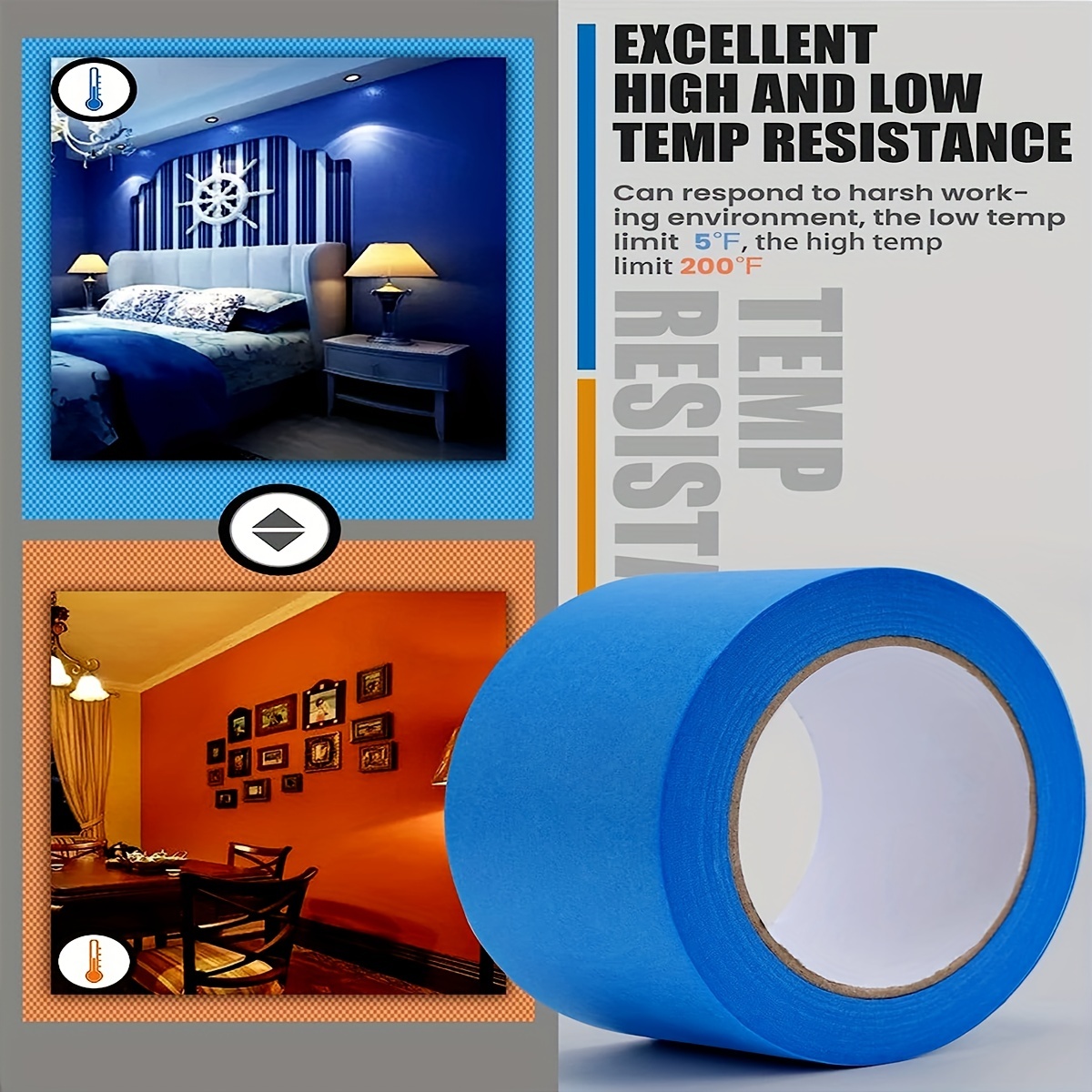 Ruban de peintre bleu, 1/2 pouces, 3/4 pouces, 1 pouce, 2 pouces, ruban de masquage de peinture multi-tailles, ruban en papier à libération propre pour la maison