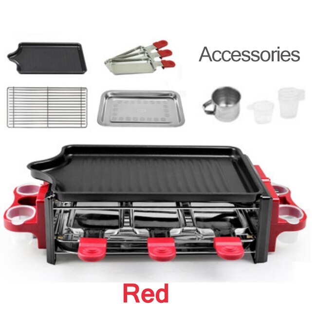 Dmwd Elektrische Grill Pan Indoor Barbecue Plaat Familie Bbq Grill Rvs Oven Non-stick Oppervlak Geribbelde Grill Stijl 1200W: Red with spoon