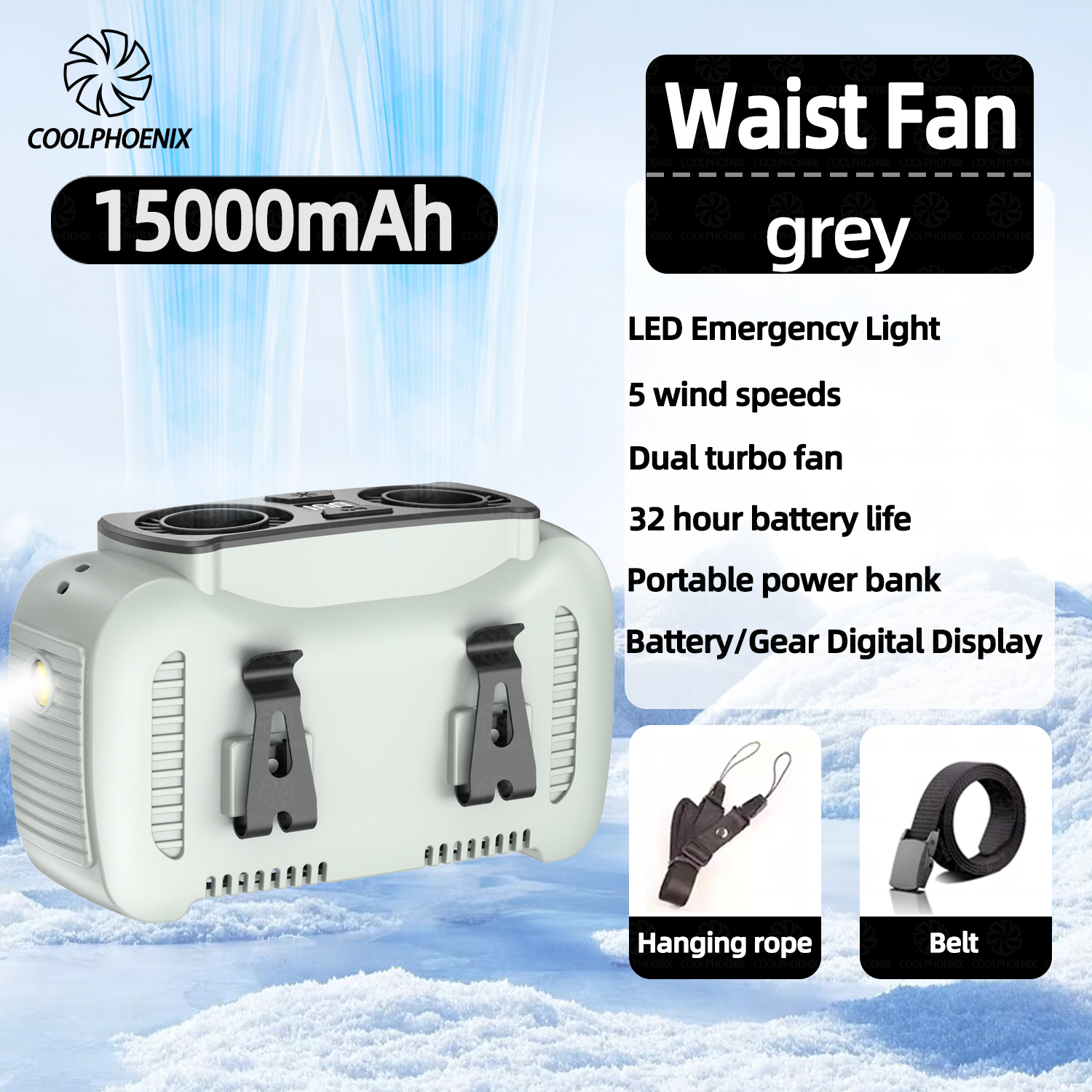 15000 mAh tailleclipventilator, draagbare mini hangende nekventilator, USB oplaadbare ventilator, buitencamping, tailleventilator met powerbank, LED-licht: GRIJS